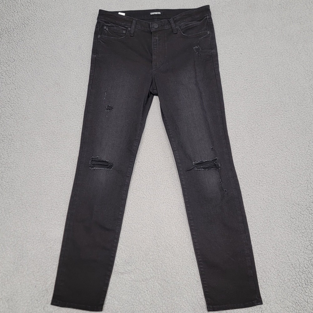 Express Jeans Mens 32x31 Black Distressed Mid Rise Slim Skinny Stretch Denim